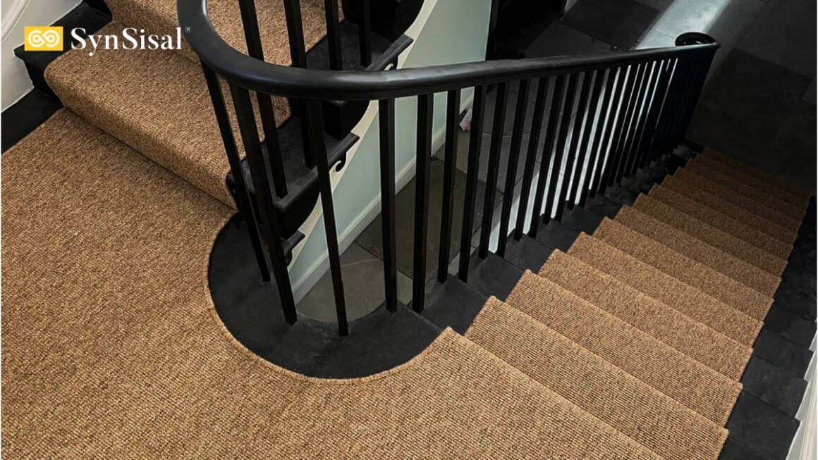 SynSisal® Medina stair runner with serged edge on black staircase
