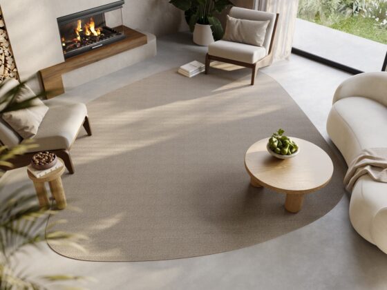 organic shaped synthetic sisal rug in living room