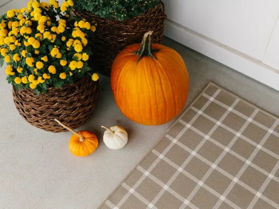 a fall rug on a festive porch