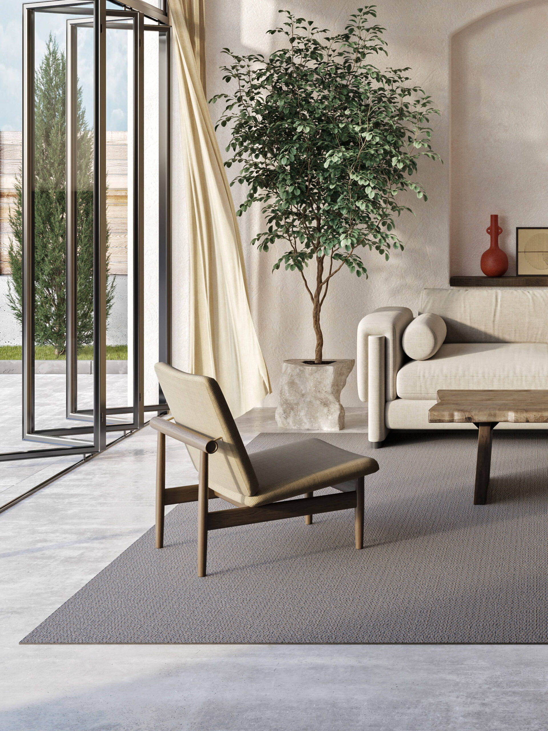 indoor-outdoor woven vinyl rug on patio