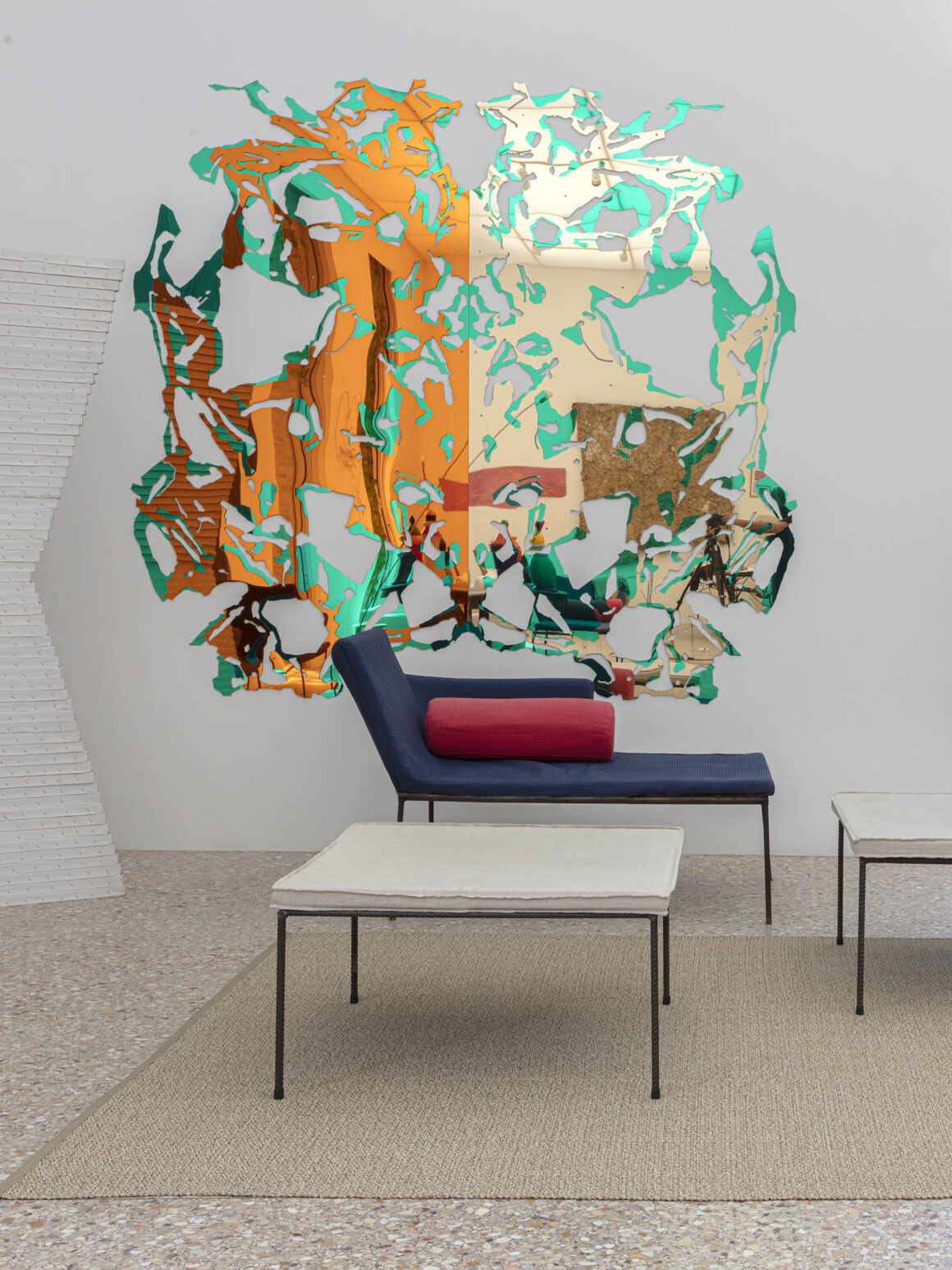 beige color rug with statement art piece