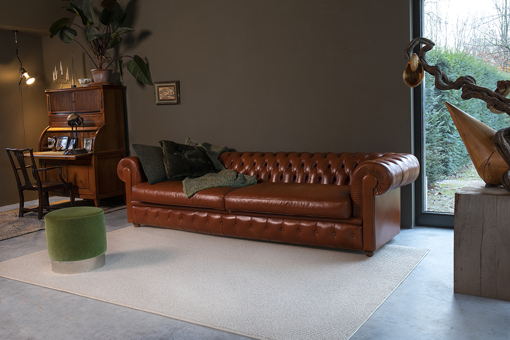 leather couch with cream colored area rug