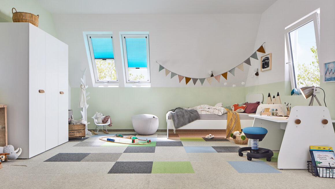 create unique carpet tile patterns in a child's bedroom with interlife tile by tretford®