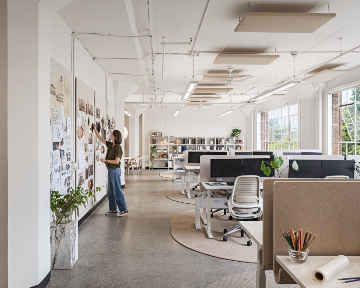 organic shaped rugs in an office