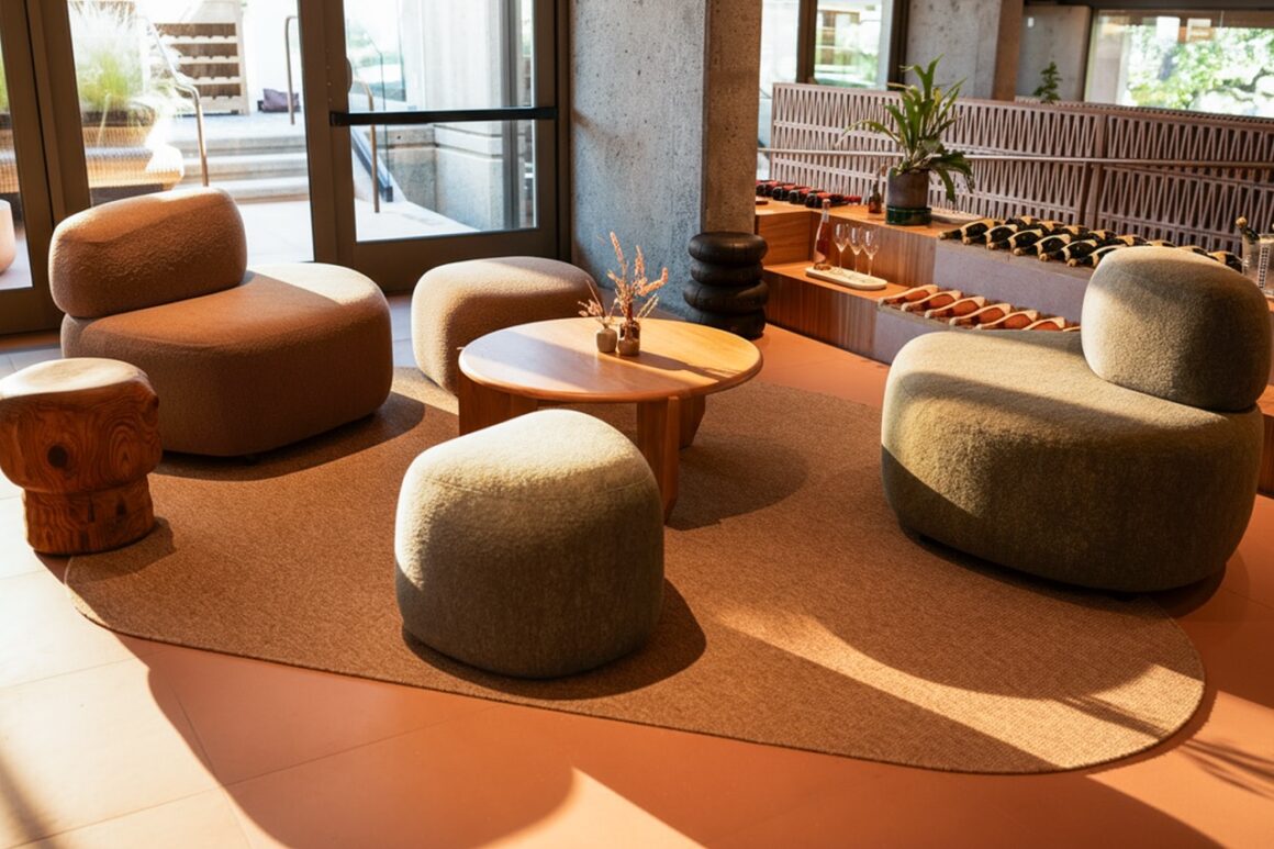 organic shaped rug in a lobby at a winery